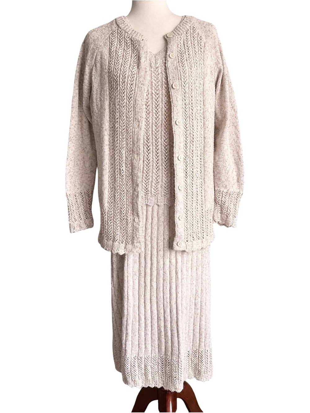 Vintage 1960’s Women’s Cream Knit Cardigan Skirt Three Piece Set